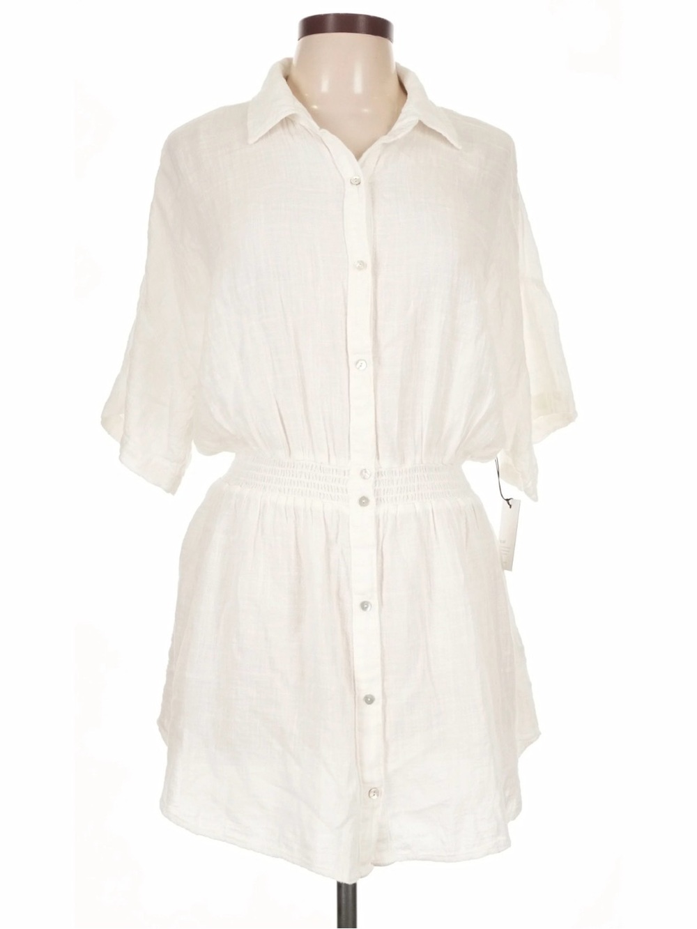 NWT Bella Dahl White Smocked Waist Button Down Shirt Dress Size L